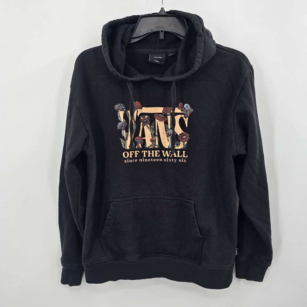 Vans Off The Wall Hoodie Womens XS Mushroom Flower Graphic Black Long Sleeve